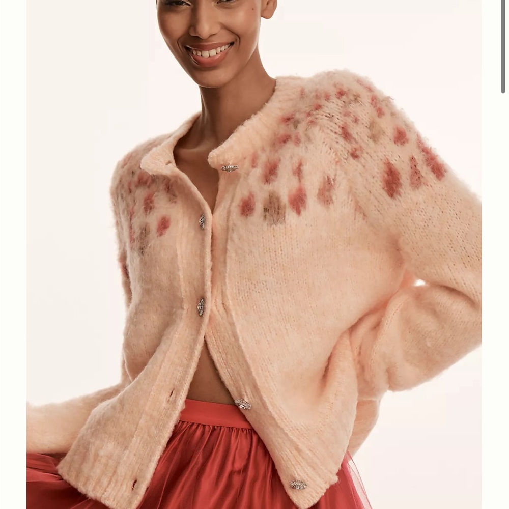 Anthropologie Maeve Blush Pink Cardigan with Patterned Accents
